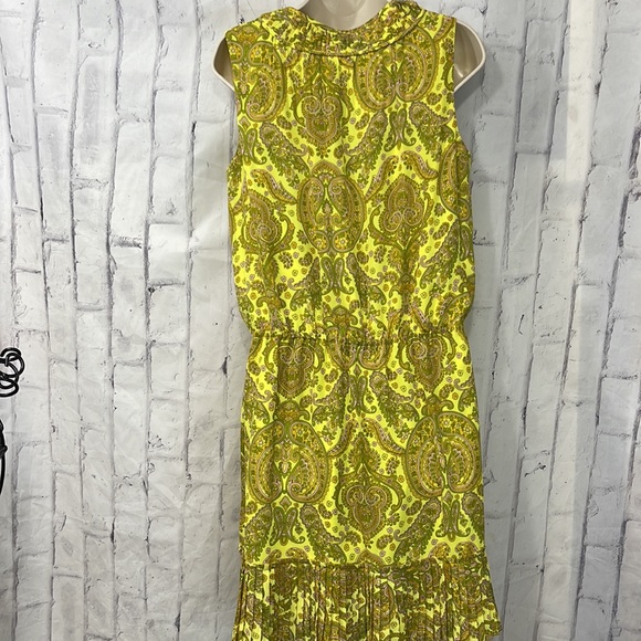 Banana Republic Dress Chartreuse Retro Paisley Sleeveless Tie Neck Pleated Hem - Picture 7 of 11